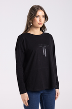 Load image into Gallery viewer, Two T&#39;s Crew Long Sleeve Logo Sequin Top | Black
