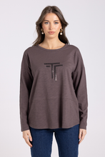 Load image into Gallery viewer, Two T&#39;s Crew Long Sleeve Logo Sequin Top | Espresso
