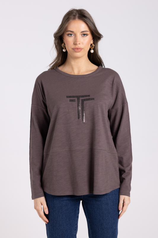 Two T's Crew Long Sleeve Logo Sequin Top | Espresso
