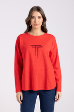 Load image into Gallery viewer, Two T&#39;s Crew Long Sleeve Logo Sequin Top | Scarlet
