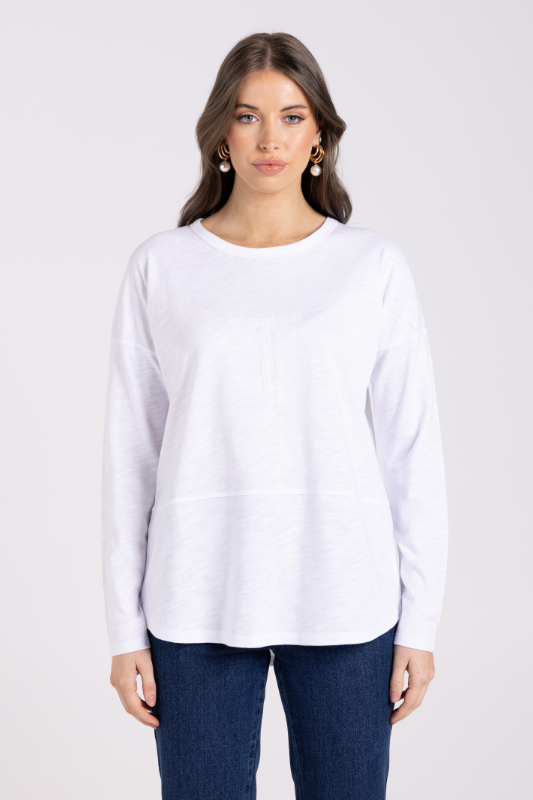 Two T's Crew Long Sleeve Logo Sequin Top | White