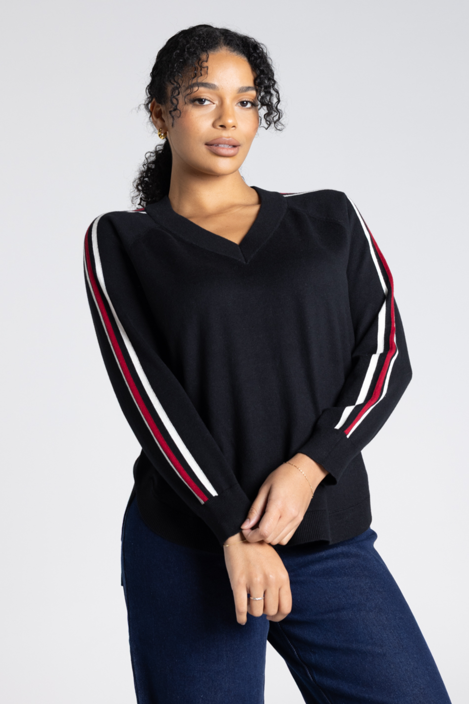 Two T's Multi Stripe Sleeve Knit in Black Combo