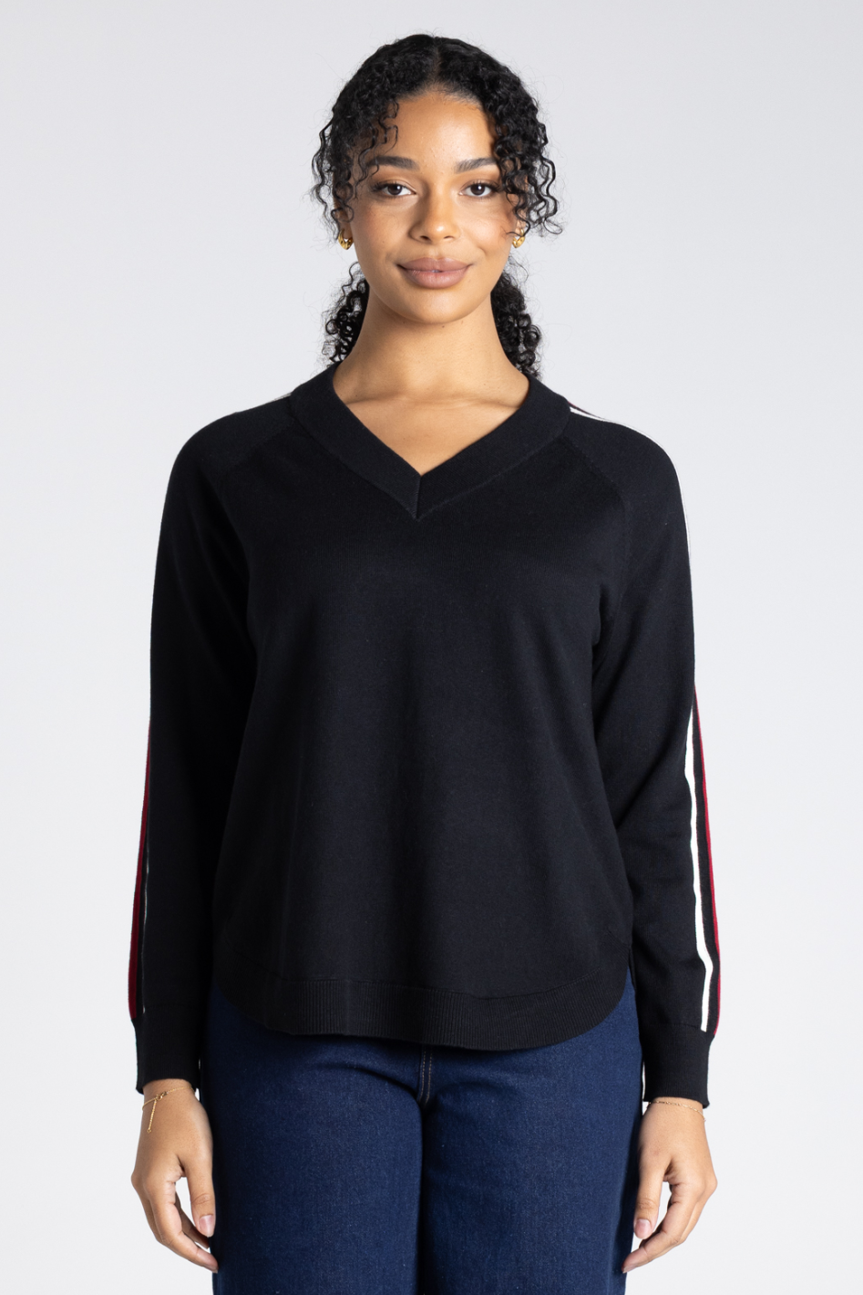 Two T's Multi Stripe Sleeve Knit in Black Combo