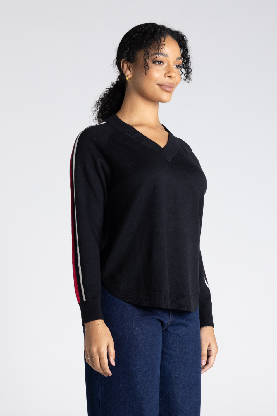 Two T's Multi Stripe Sleeve Knit in Black Combo