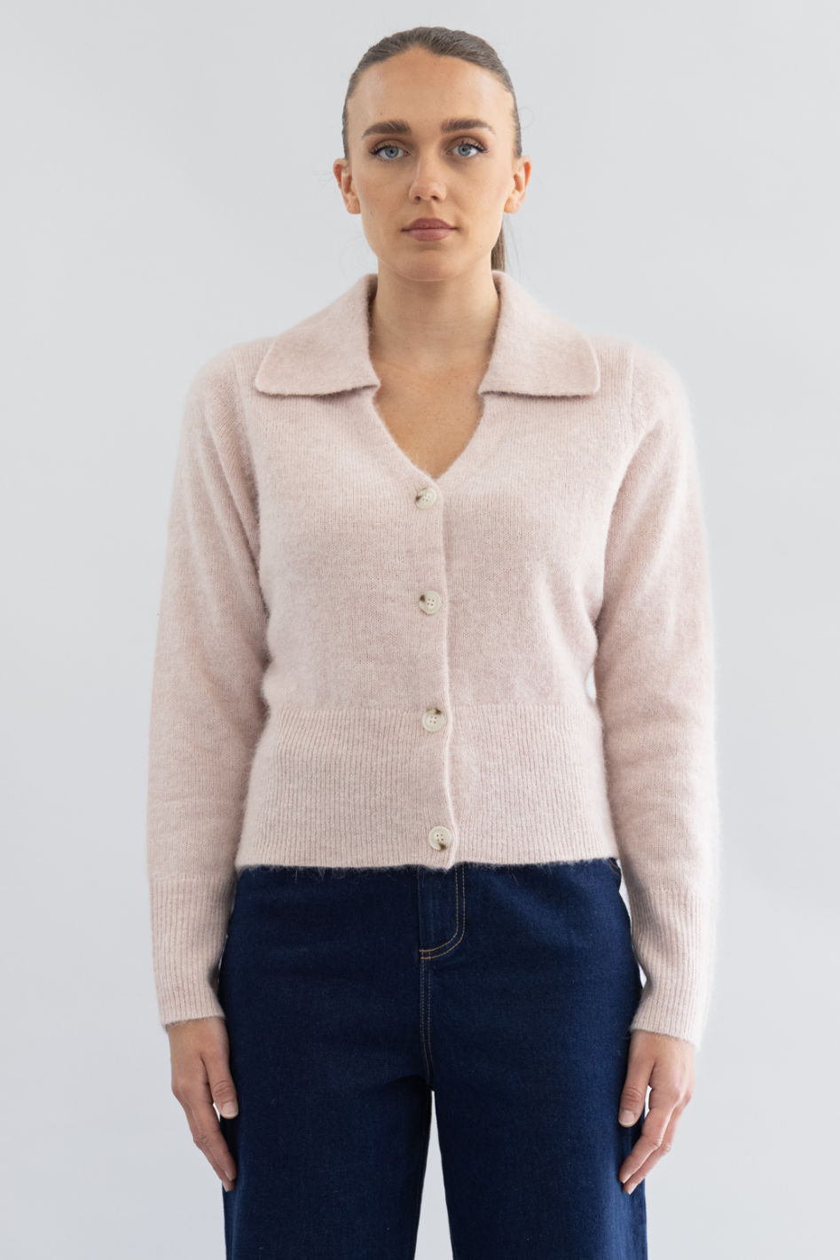 Two T's Polo Fluffy Knit Cardigan in Pink