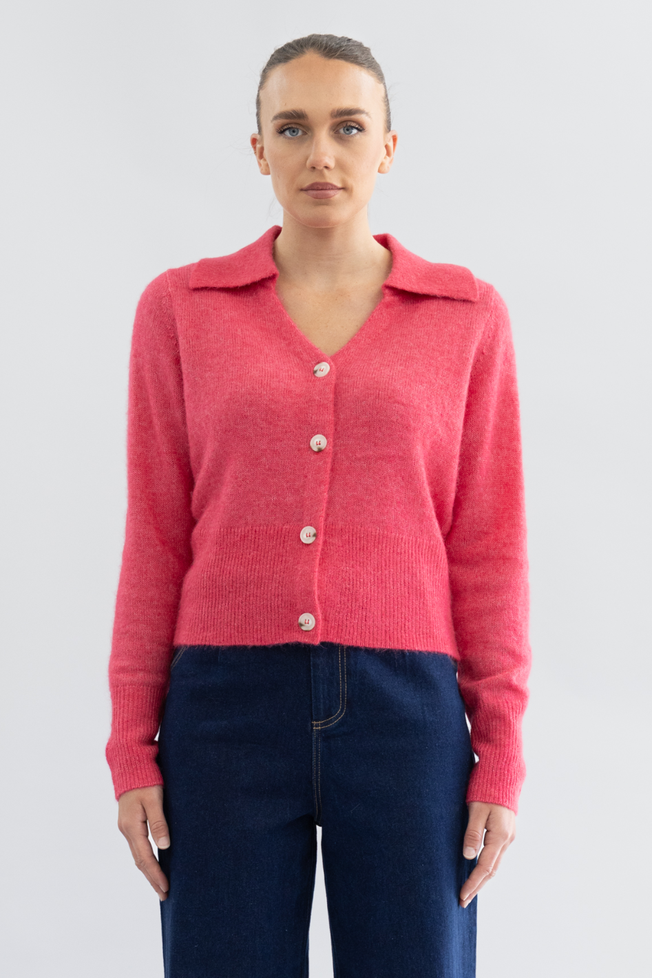 Two T's Polo Fluffy Knit Cardigan in raspberry