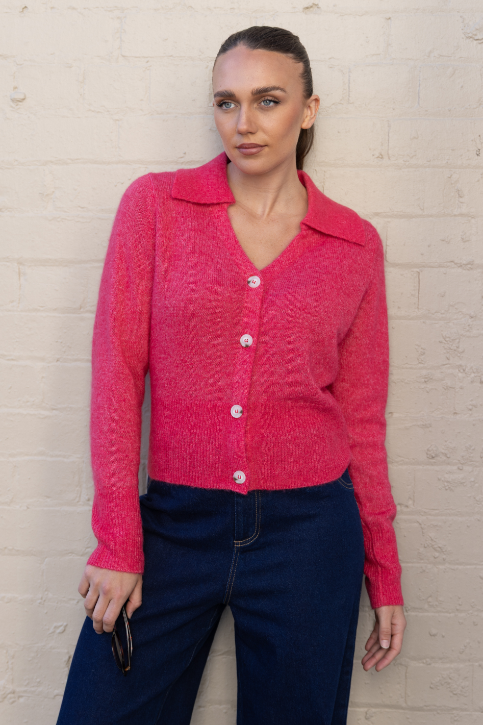 Two T's Polo Fluffy Knit Cardigan in raspberry