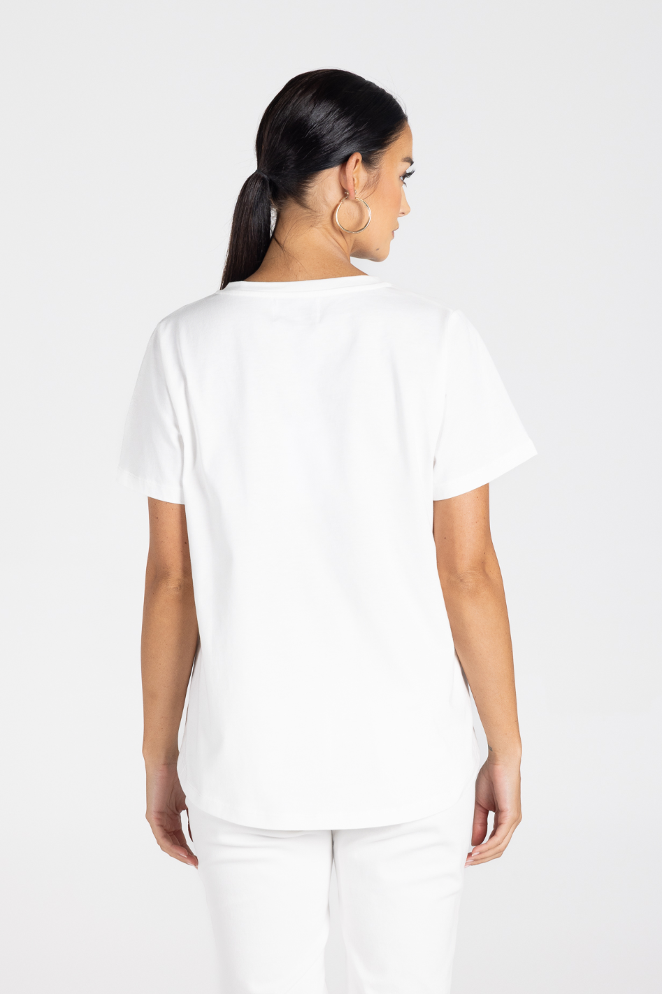 Two T's V-Neck Beaded Logo T-Shirt in White with Silver Logo