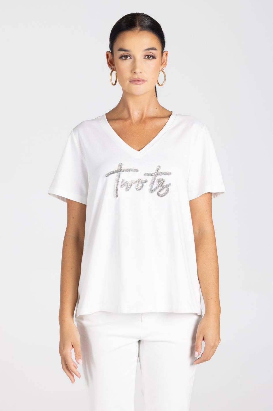 Two T's V-Neck Beaded Logo T-Shirt in White with Silver Logo
