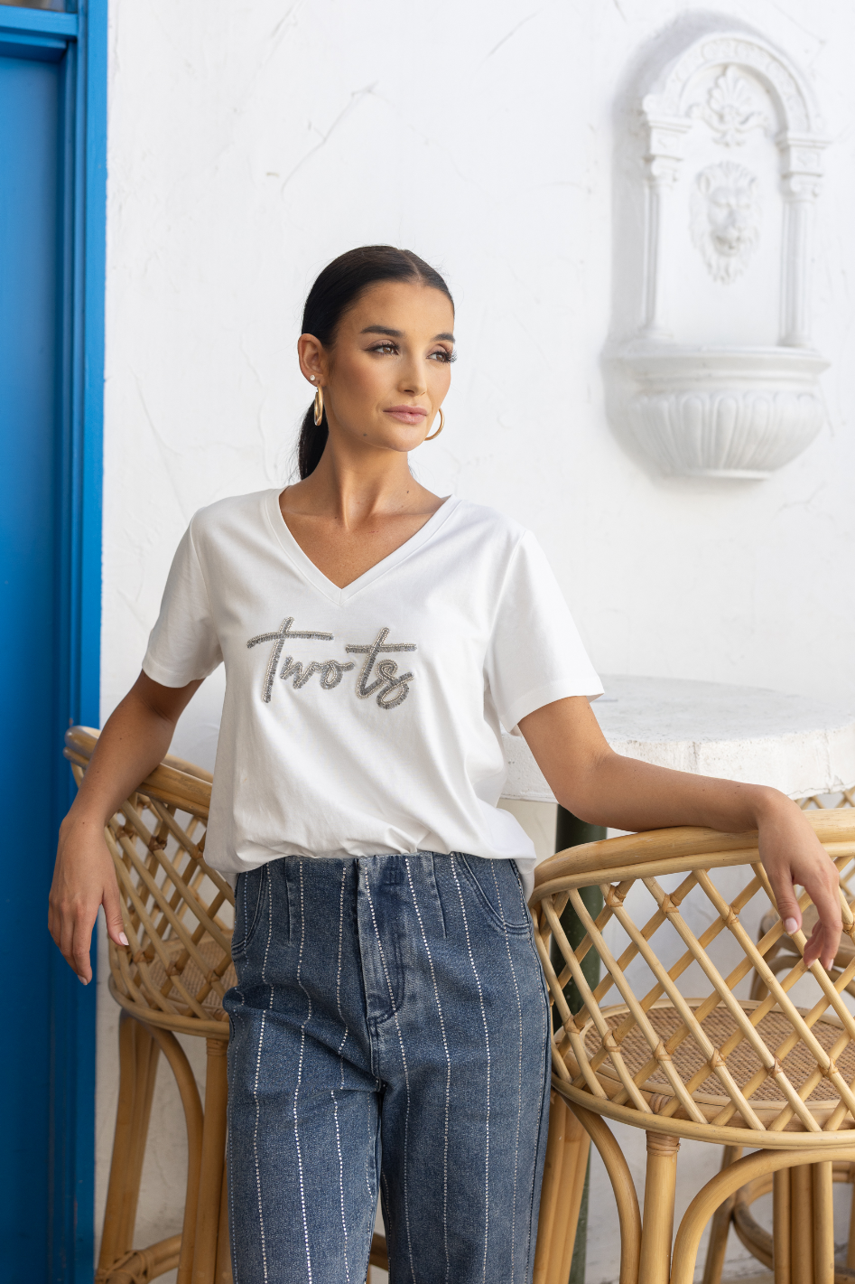 Two T's V-Neck Beaded Logo T-Shirt in White with Silver Logo