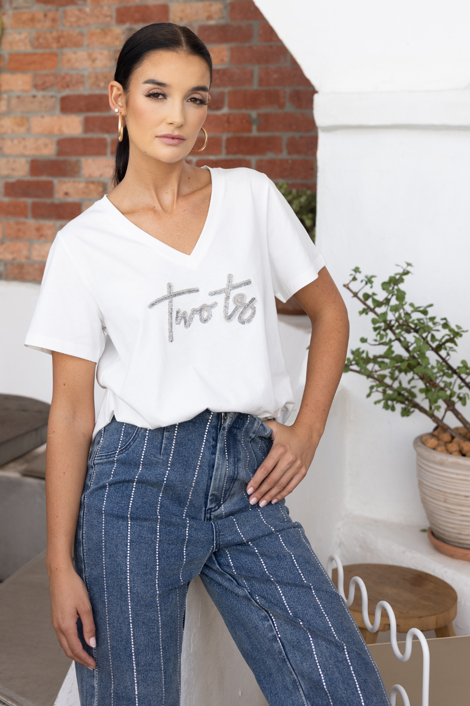 Two T's V-Neck Beaded Logo T-Shirt in White with Silver Logo