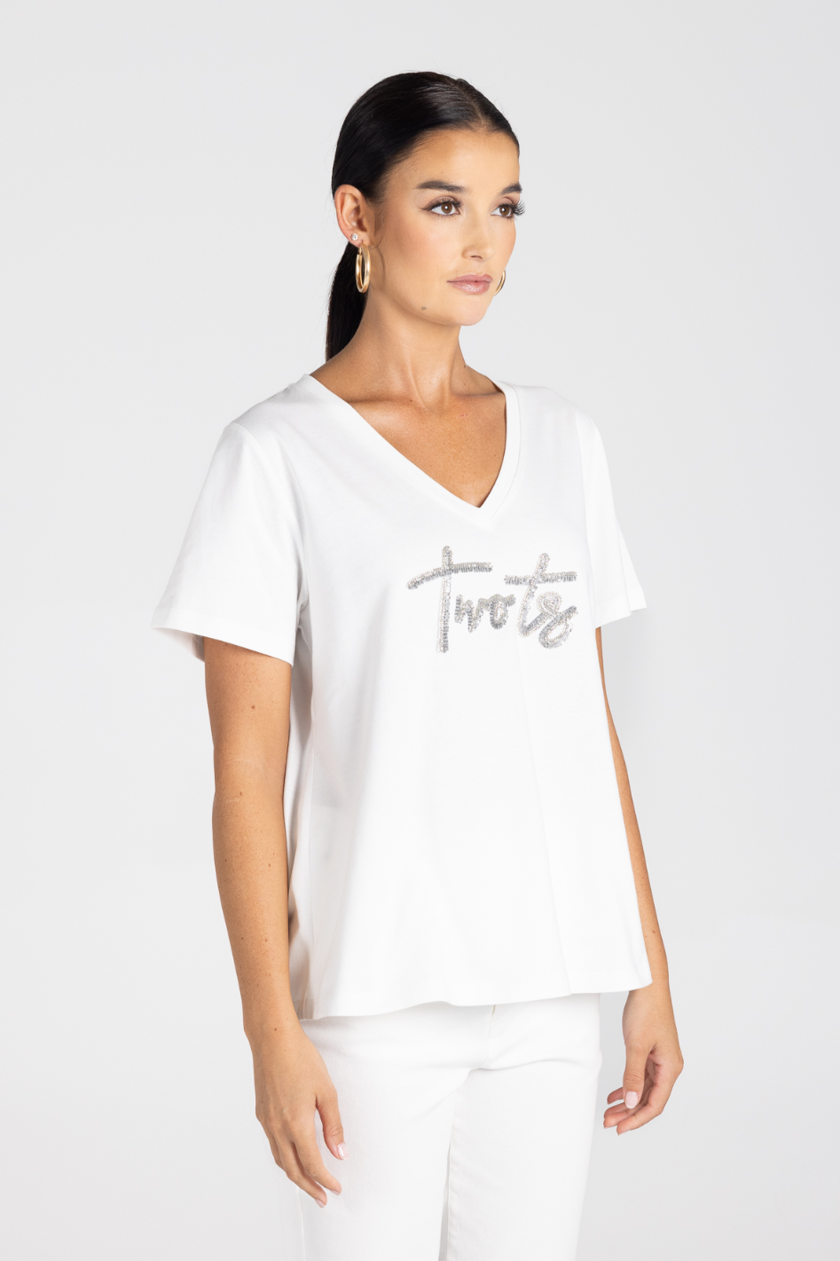 Two T's V-Neck Beaded Logo T-Shirt in White with Silver Logo