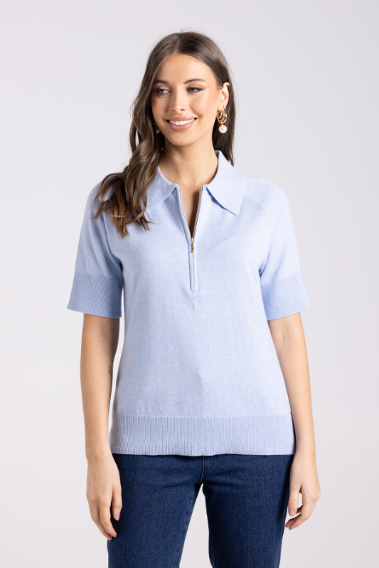 Two T's Zip Knit Polo | Powder Blue