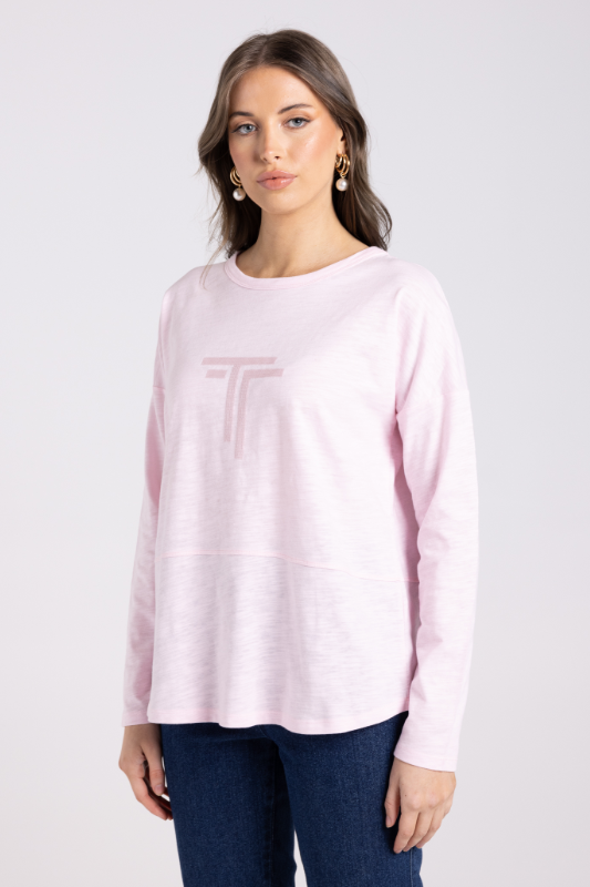 Two T's Crew Long Sleeve Logo Sequin Top | Soft Pink