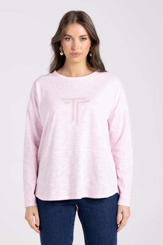 Two T's Crew Long Sleeve Logo Sequin Top | Soft Pink