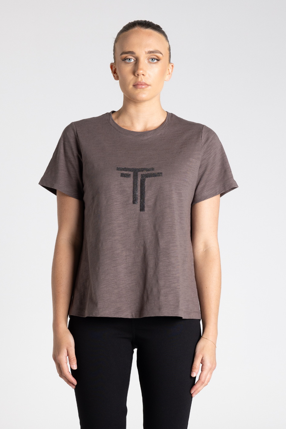 Two T's Crew Neck T-Shirt with Sequin Logo | Slate | 3349