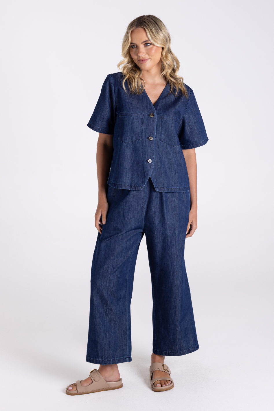 Two T's Denim Short Sleeve Top | Dark Denim | 3193