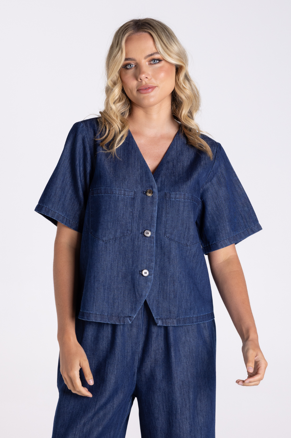Two T's Denim Short Sleeve Top | Dark Denim | 3193