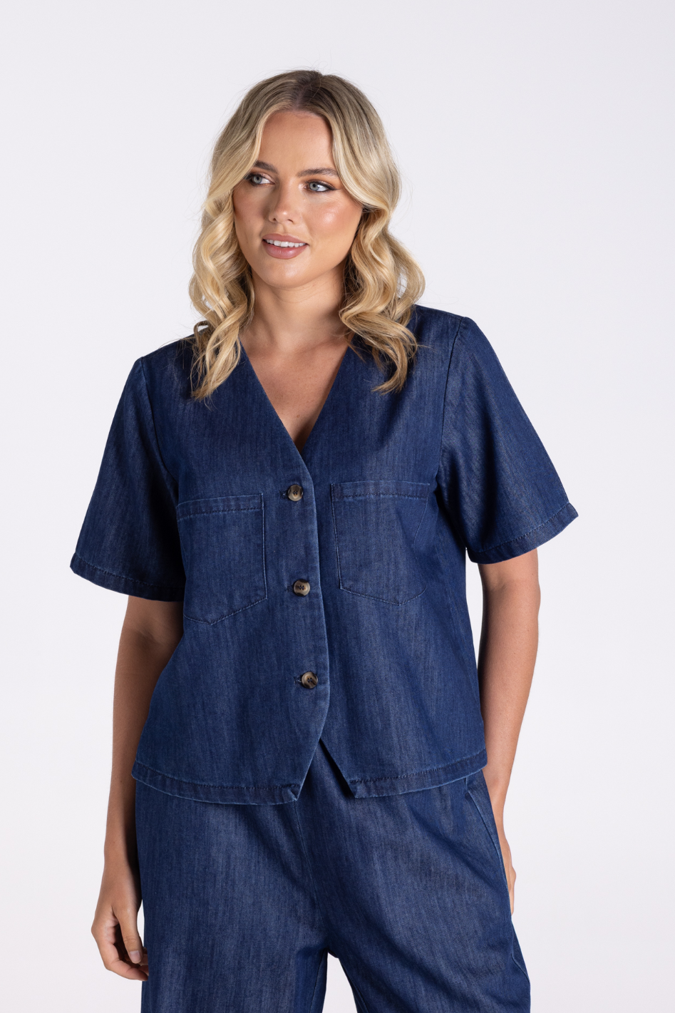 Two T's Denim Short Sleeve Top | Dark Denim | 3193