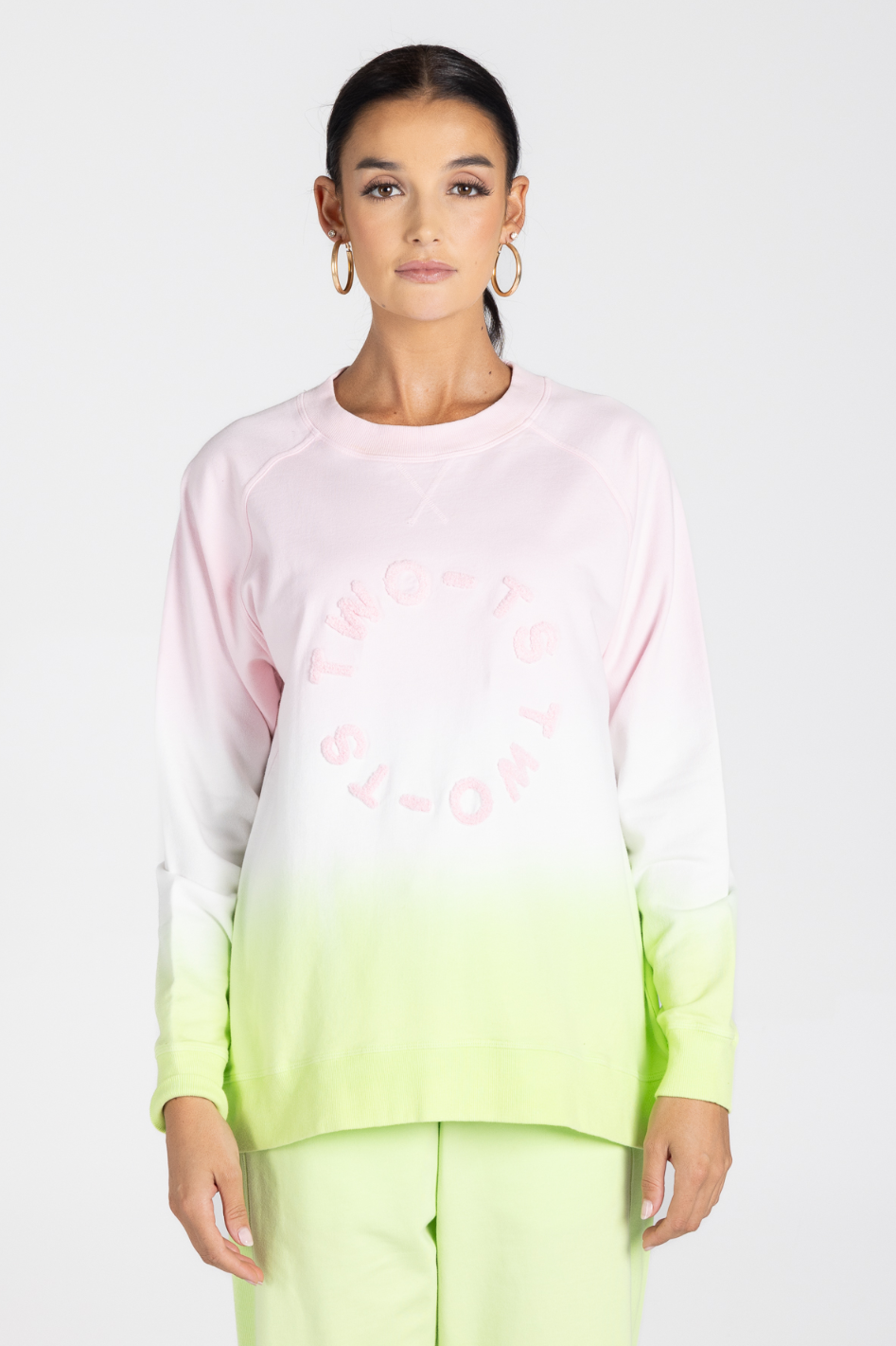 Two T's Dip Dyed Sweater with Embroidered Logo in Pink/White/Lime