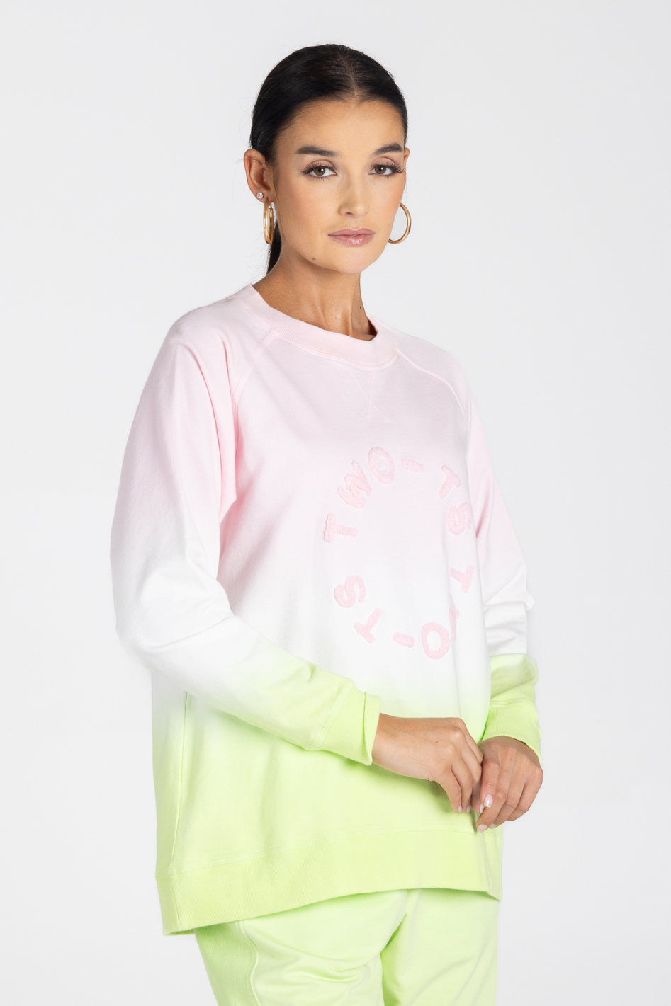 Two T's Dip Dyed Sweater with Embroidered Logo in Pink/White/Lime