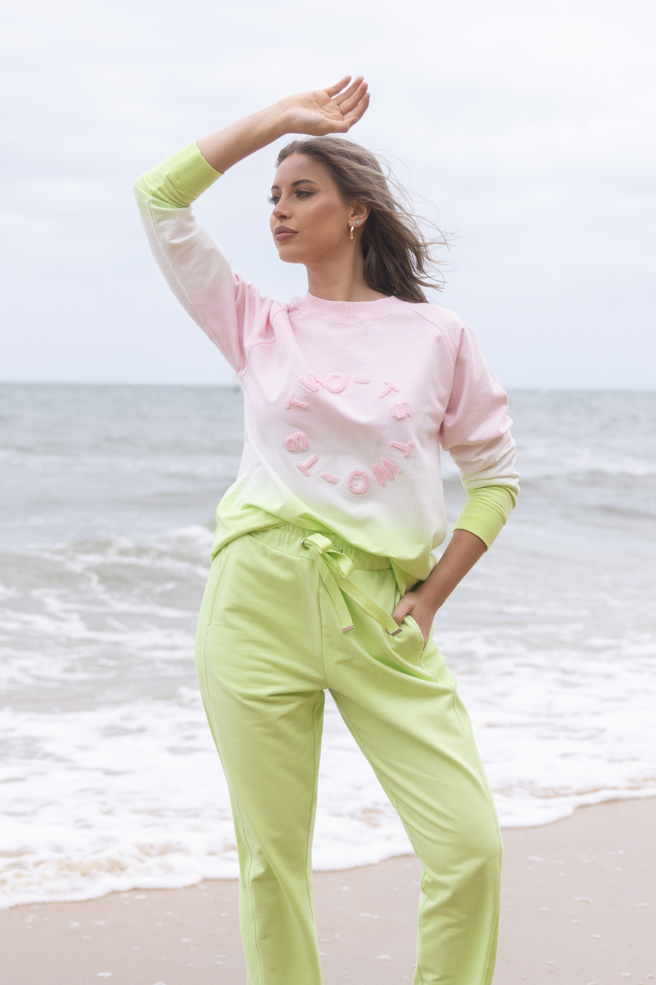 Two T's Dip Dyed Sweater with Embroidered Logo in Pink/White/Lime