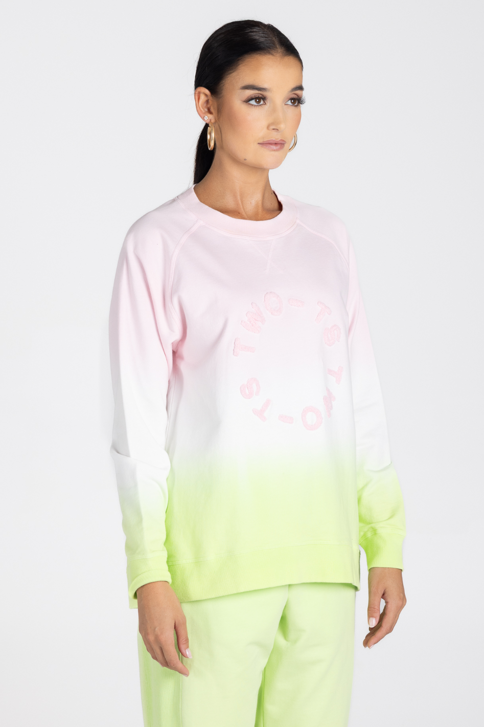 Two T's Dip Dyed Sweater with Embroidered Logo in Pink/White/Lime