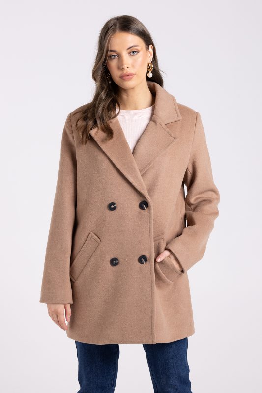 Two T's Doubled Breasted Pea Coat | Camel