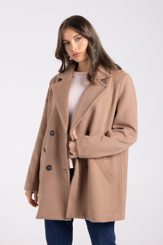 Two T's Doubled Breasted Pea Coat | Camel