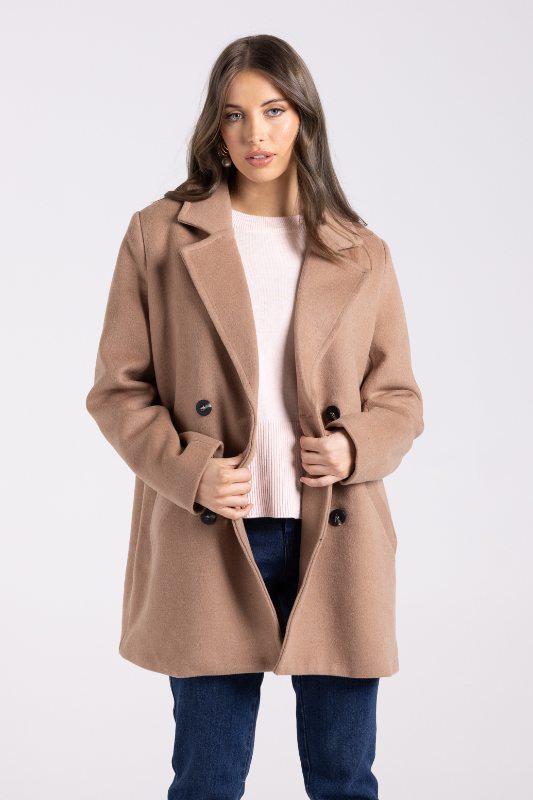 Two T's Doubled Breasted Pea Coat | Camel