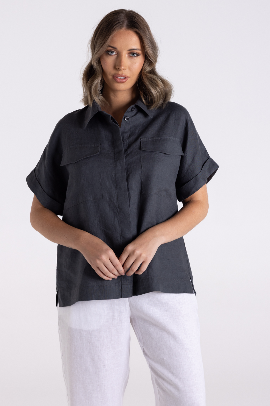 Two T's Dropped Shoulder Over-Sized Linen Shirt in Charcoal