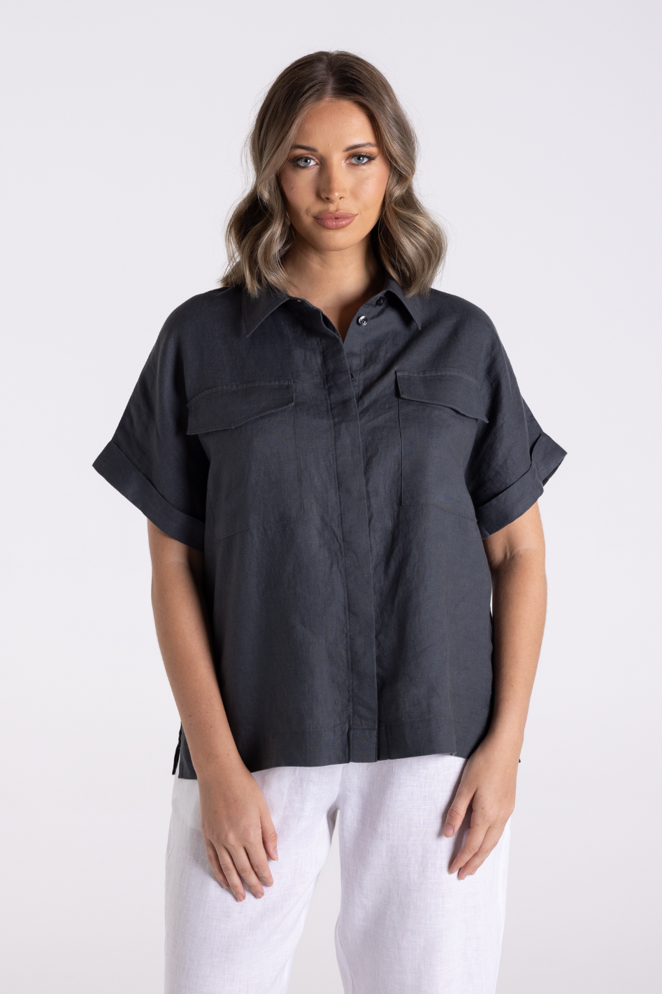 Two T's Dropped Shoulder Over-Sized Linen Shirt in Charcoal