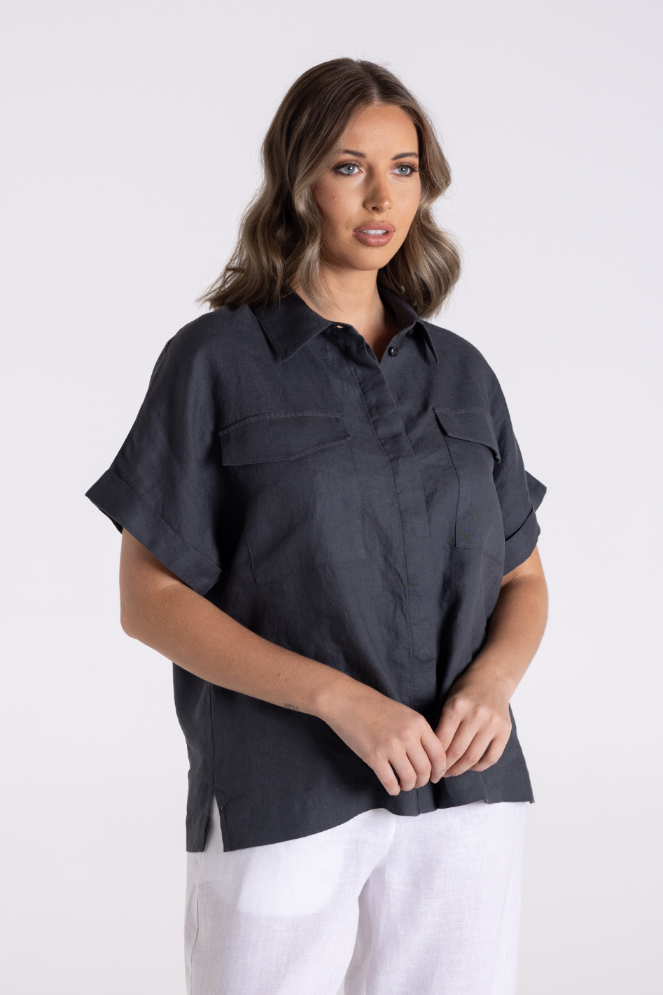 Two T's Dropped Shoulder Over-Sized Linen Shirt in Charcoal
