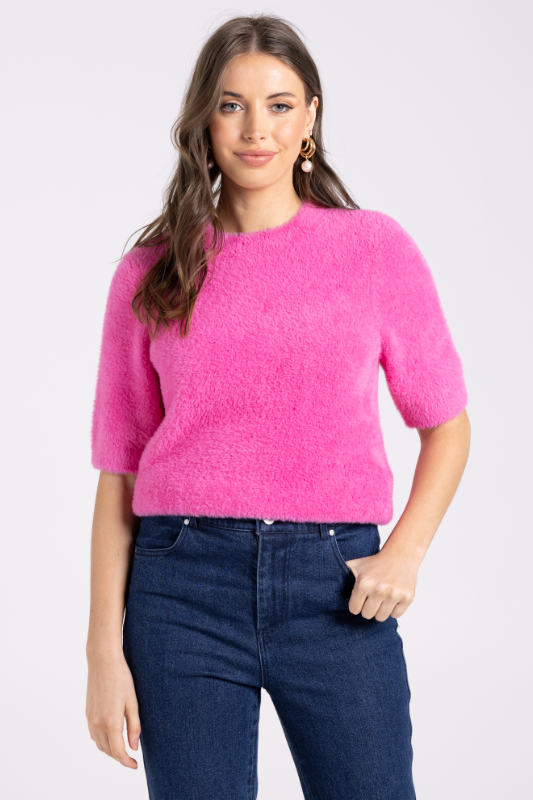 Two T's Fluffy Short Sleeve Crew Knit | Bright Pink