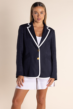 Load image into Gallery viewer, Two T&#39;s Linen Mix Blazer with Contrast Trim in Navy and White
