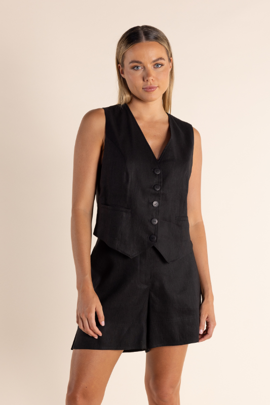 Two T's Linen Mix Vest in Black