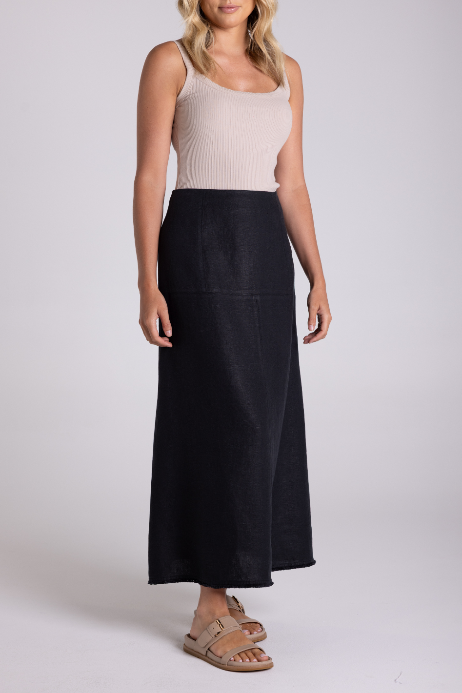Two T's Linen Tweed Midi Skirt with Fringe | Black | 3178