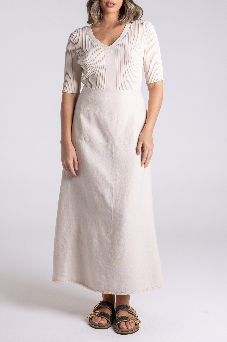 Two T's Linen Tweed Midi Skirt with Fringe | Natural | 3178