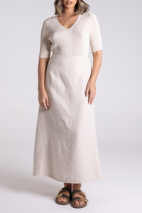 Two T's Linen Tweed Midi Skirt with Fringe | Natural | 3178