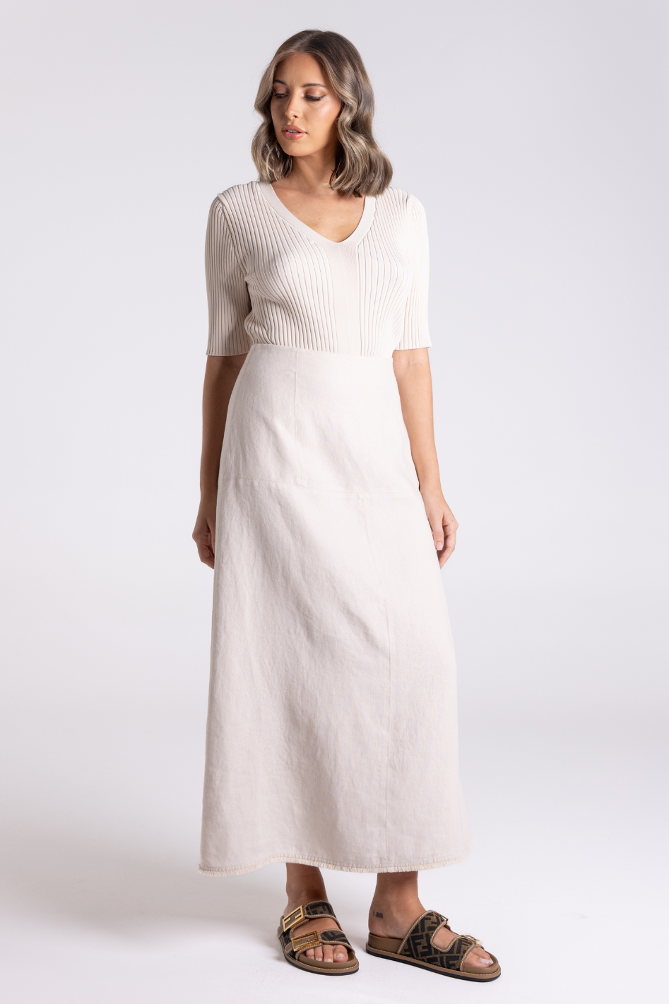 Two T's Linen Tweed Midi Skirt with Fringe | Natural | 3178