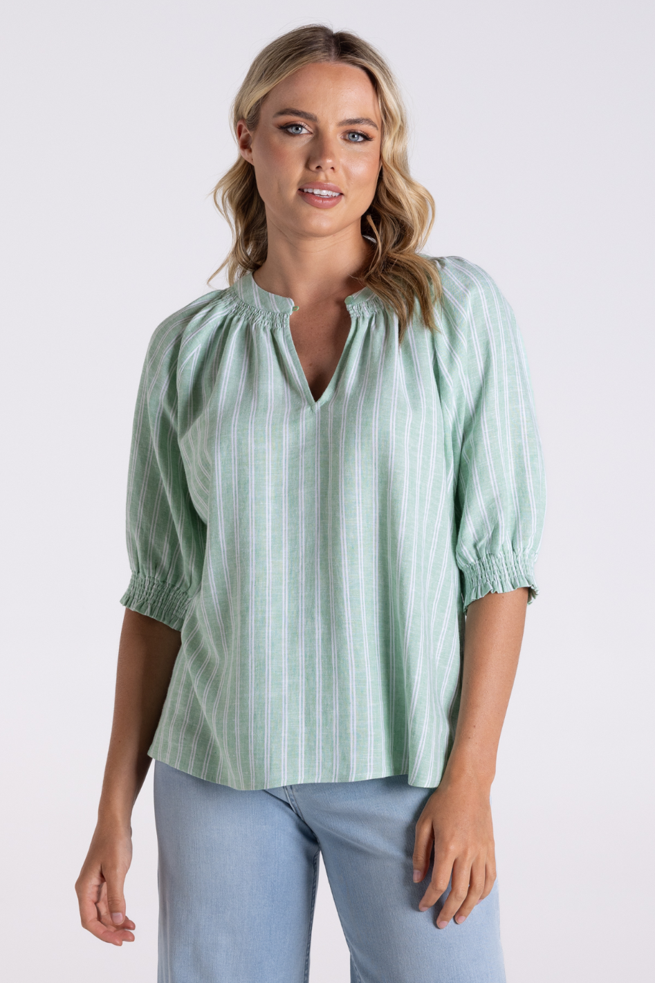 Two T's Linen Viscose Stripe Top | Fern/White | 3186