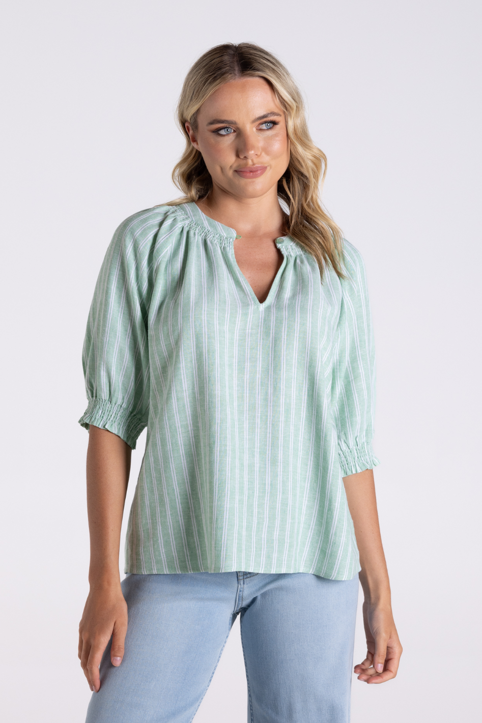 Two T's Linen Viscose Stripe Top | Fern/White | 3186