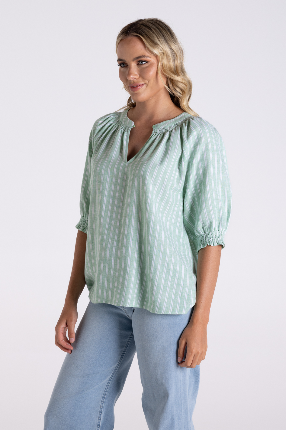Two T's Linen Viscose Stripe Top | Fern/White | 3186