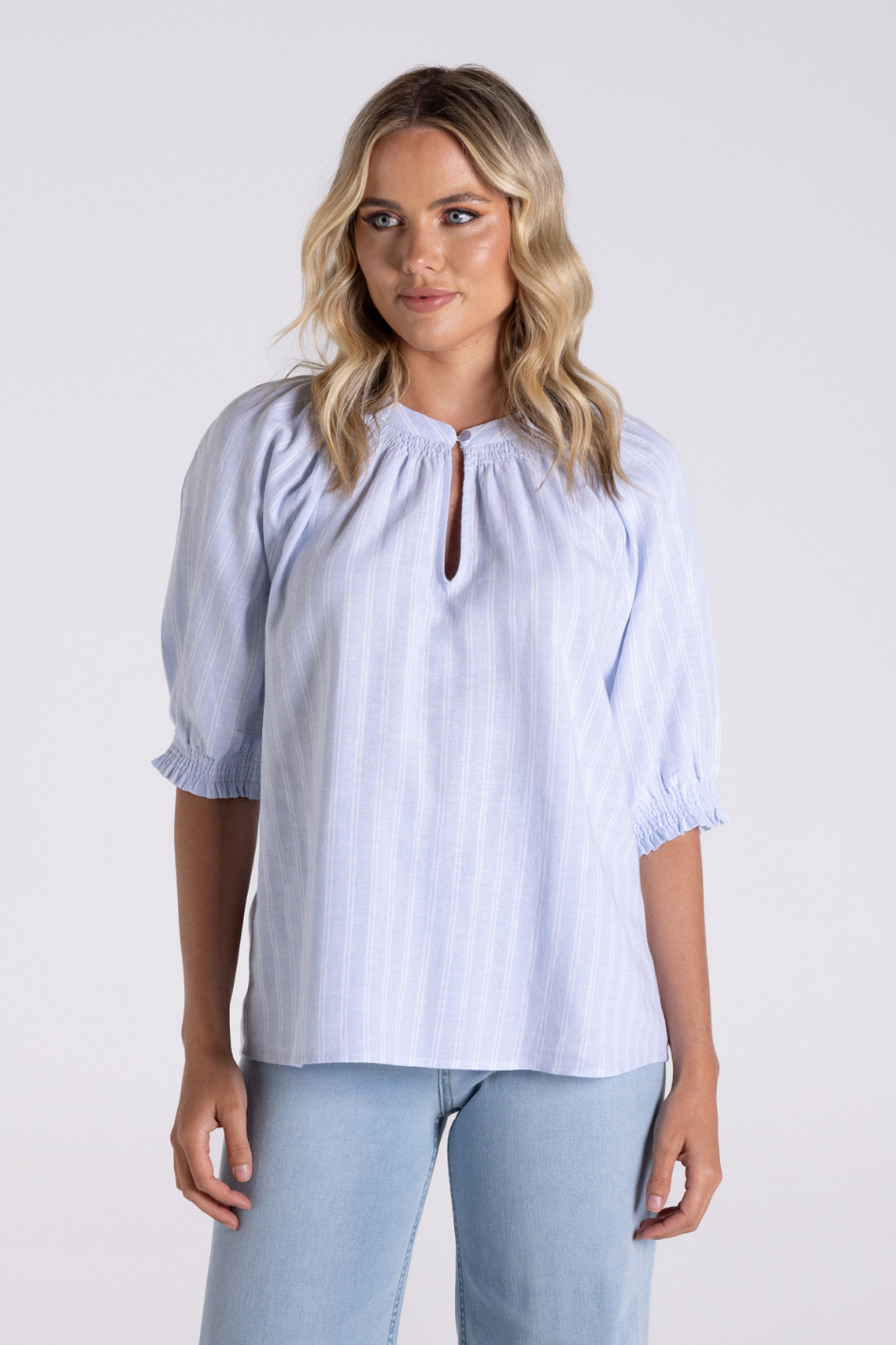 Two T's Linen Viscose Stripe Top | Ice Blue/White | 3186