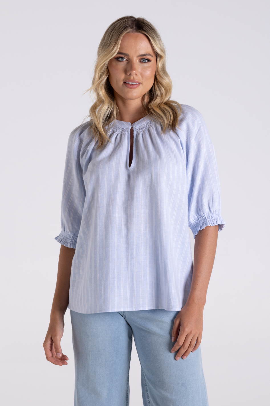 Two T's Linen Viscose Stripe Top | Ice Blue/White | 3186