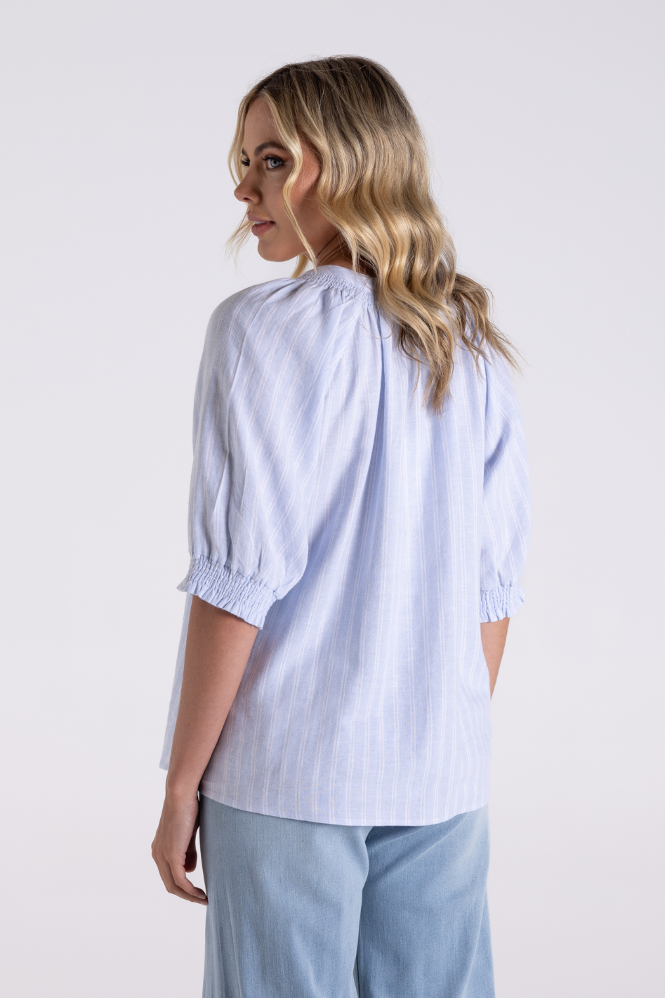 Two T's Linen Viscose Stripe Top | Ice Blue/White | 3186