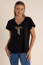 Load image into Gallery viewer, Two T&#39;s Logo Sequin V Neck T-Shirt in Black
