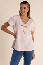 Load image into Gallery viewer, Two T&#39;s Logo Sequin V Neck T-Shirt in Pink Rose
