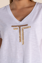 Load image into Gallery viewer, Two T&#39;s Logo Sequin V Neck T-Shirt in White Sequin Detail
