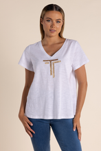 Load image into Gallery viewer, Two T&#39;s Logo Sequin V Neck T-Shirt in White
